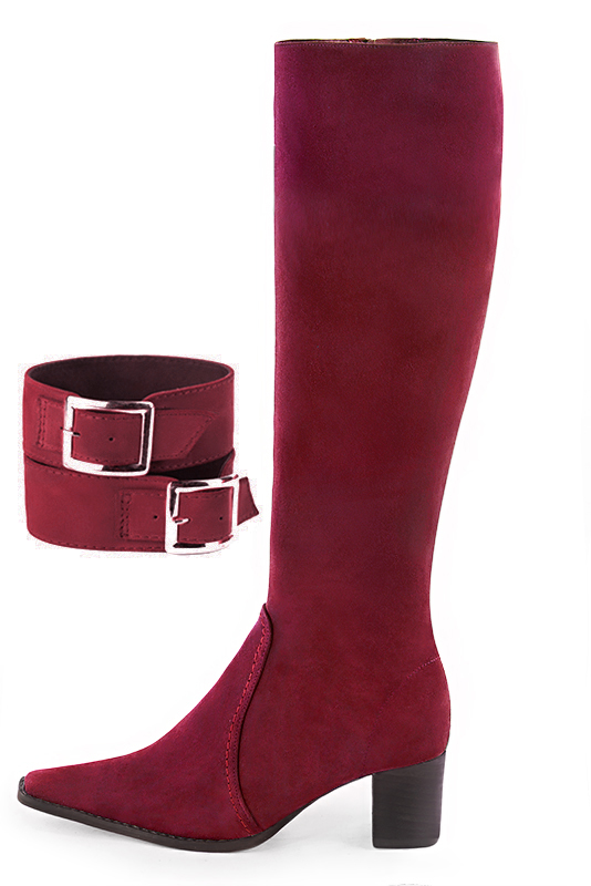 Burgundy red women's calf bracelets, to wear over boots. Top view - Florence KOOIJMAN